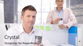  Presentation with office workers - Theme having casual office workers having break background and a sky blue colored foreground