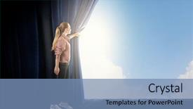  Presentation with blue curtain - Amazing slide deck having theater free - young woman in casual opening backdrop and a  colored foreground