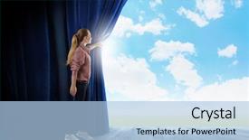  Presentation with blue curtain - Presentation design enhanced with theater free - young woman in casual opening background and a light blue colored foreground
