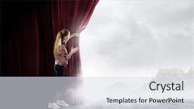  Presentation with red curtain - Beautiful presentation theme featuring woman in casual opening red backdrop and a sky blue colored foreground