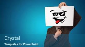  Presentation with cool - Presentation design with casual person holding a paper with cool emoticon in front of his face background and a ocean colored foreground