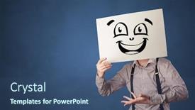  Presentation with paper - Slide set with casual person holding a paper in front of his face with drawn emoticon face background and a ocean colored foreground