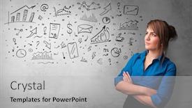  Presentation with thinking - Presentation theme consisting of casual person thinking with drawn signs concept background and a light gray colored foreground