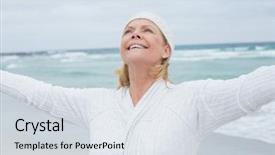  Presentation with beach - Slide set featuring casual senior woman with arms background and a sky blue colored foreground