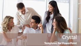  Presentation with praise - Presentation design consisting of casual smiling business team congratulating background and a coral colored foreground