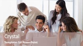  Presentation with business casual - Presentation having casual smiling business team congratulating background and a coral colored foreground