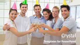  Presentation with toasting - PPT layouts having casual smiling business team toasting with champagne in the office background and a coral colored foreground