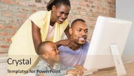  Presentation with living room family - Theme having casual smiling family on a computer in living room background and a coral colored foreground