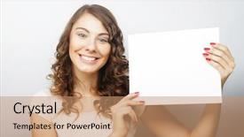  Presentation with signboard - Cool new presentation with casual style woman showing blank backdrop and a coral colored foreground