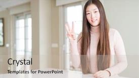  Presentation with asian - Cool new PPT layouts with casual sweater on white table backdrop and a  colored foreground