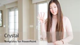  Presentation with asian - Slide deck with casual sweater on white table background and a mint green colored foreground