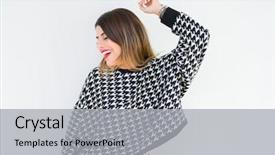  Presentation with listening woman - PPT layouts enhanced with casual sweater over isolated background background and a  colored foreground