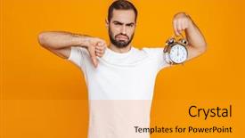  Presentation with upset - Cool new theme with photo of upset man 30s in casual wear holding alarm clock isolated over yellow background backdrop and a gold colored foreground