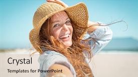  Presentation with arabic woman beautiful muslim face - Amazing slide set having casual wearing straw hat backdrop and a coral colored foreground