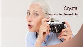  Presentation with collage of retro camera - Beautiful PPT theme featuring casual woman holding retro camera backdrop and a  colored foreground