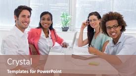  Presentation with meeting table - Presentation design consisting of casual workers meeting at table in the office background and a coral colored foreground