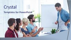  Presentation with casual young people - Slide deck enhanced with casual young business people clapping hands in meeting at the office background and a sky blue colored foreground