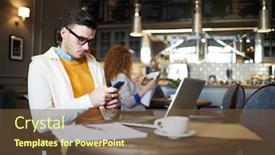  Presentation with scrolling - Presentation theme enhanced with casual young businessman scrolling in smartphone while sitting in cafe in front of laptop background and a tawny brown colored foreground
