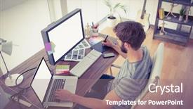  Presentation with children on computers - Presentation design having casual young businessman using computers background and a gray colored foreground