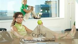  Presentation with green office - Cool new presentation theme with casual-young-businesswoman-sitting backdrop and a coral colored foreground