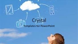  Presentation with cloud computing - Beautiful PPT theme featuring casual young girl looking at cloud computing concept on blue sky backdrop and a light blue colored foreground
