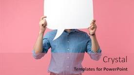  Presentation with bubble - Cool new presentation design with casual-young-guy-covering backdrop and a coral colored foreground