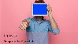  Presentation with tab - Amazing PPT layouts having casual-young-guy-hiding-behind backdrop and a coral colored foreground