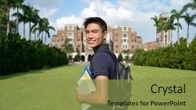  Presentation with college campus - Beautiful PPT layouts featuring casual young man at college backdrop and a gold colored foreground
