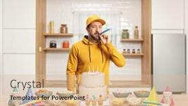  Presentation with party - PPT theme with casual-young-man-blowing background and a lemonade colored foreground