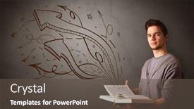  Presentation with book - Amazing presentation having casual young man holding book with brown arrows and stars flying out of it backdrop and a dark gray colored foreground