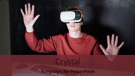  Presentation with front desk - Beautiful slide deck featuring casual-young-man-in-vr backdrop and a tawny brown colored foreground