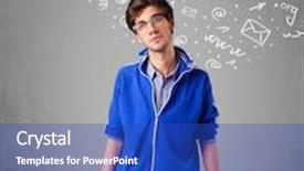  Presentation with doodles - Cool new theme with casual young man with abstract white media icon doodles on gradient background backdrop and a cobalt blue colored foreground
