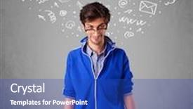  Presentation with doodles - Presentation theme enhanced with casual young man with abstract white media icon doodles on gradient background background and a cobalt blue colored foreground