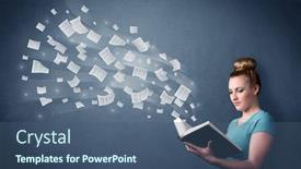  Presentation with book - Audience pleasing theme consisting of casual-young-woman-holding-book backdrop and a ocean colored foreground