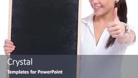  Presentation with blackboard - Beautiful presentation design featuring casual young woman holding a small blackboard and showing thumbs up while smiling to the camera isolated on white background backdrop and a dark gray colored foreground