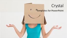  Presentation with tank - Amazing presentation design having casual young woman in blue tank top with smiley cardboard box over face in a new house backdrop and a lemonade colored foreground