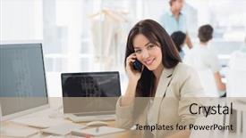  Presentation with woman office desk - Colorful PPT theme enhanced with casual young woman on call at desk with group of colleagues behind in a bright office backdrop and a coral colored foreground