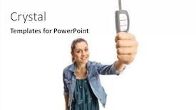 Presentation with car key - Cool new slide set with casual-young-woman-showing-car backdrop and a white colored foreground