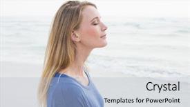  Presentation with healthy workplace full length side view - Slide deck enhanced with casual young woman with eye background and a light blue colored foreground