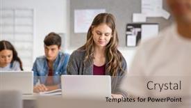  Presentation with university library - Audience pleasing theme consisting of casual-young-woman-working backdrop and a light gray colored foreground
