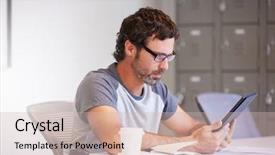  Presentation with using digital tablet - Amazing slides having casually dressed man using digital backdrop and a soft green colored foreground