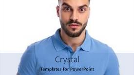  Presentation with polo - Cool new slide deck with casually-dressed youngster wearing a light blue polo being surprised while looking at the camera on a light background backdrop and a light blue colored foreground