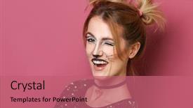  Presentation with makeup brushes and make up - PPT theme featuring cat makeup on color background background and a coral colored foreground