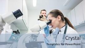  Presentation with biotechnology - Slide deck featuring animal biotechnology - lab assistant and veterinarian examining background and a light blue colored foreground