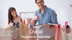  Presentation with guide dog helping blind woman - Audience pleasing theme consisting of catalogue - shop assistant helping woman backdrop and a coral colored foreground