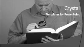  Presentation with eye cataract - PPT layouts with cataract eye - middle aged man using magnifier background and a gray colored foreground