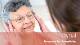  Presentation with eye cataract - Presentation theme with cataract eye - senior woman testing glasses background and a coral colored foreground