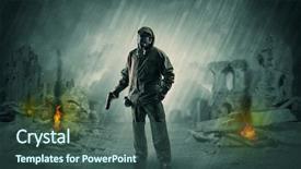  Presentation with catastrophe - Beautiful presentation theme featuring catastrophe with man in gas backdrop and a ocean colored foreground