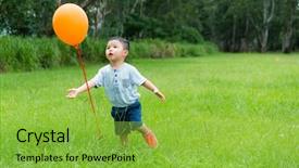  Presentation with balloon - Colorful presentation design enhanced with catching baby - little boy running to catch backdrop and a seafoam green colored foreground