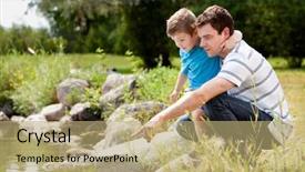  Presentation with water park - Presentation theme having catching fish - father and son playing near background and a coral colored foreground